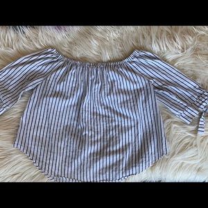 navy blue and white off the shoulder top